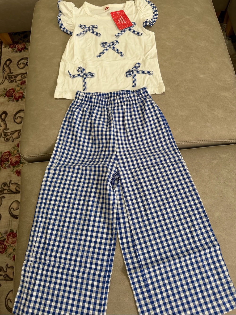 Girls White Top & Blue Gingham Pajama Set with Bow Accents